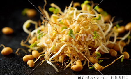 Fresh bean sprouts arranged on a dark surface ready for cooking 132619111