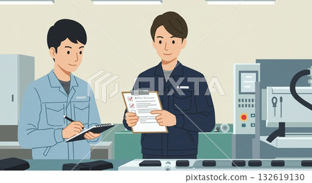 扁平化設計。男性員工在食品工廠檢查產品。 扁平化設計。男性員工在食品工廠檢查產品。 132619130