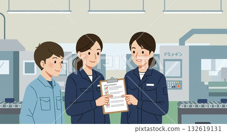 Flat design. Female staff inspecting products at a food factory 132619131