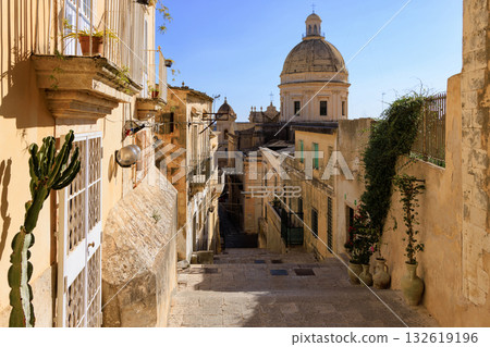 Historic Street View with Dome in Noto, Sicily Historic Street View with Dome in Noto, Sicily 132619196