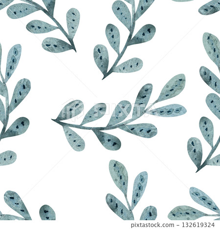 Watercolor seamless pattern with green branch on white background. Delicate botanical illustration, perfect for fabric, wallpaper, wrapping paper, and natural design projects 132619324