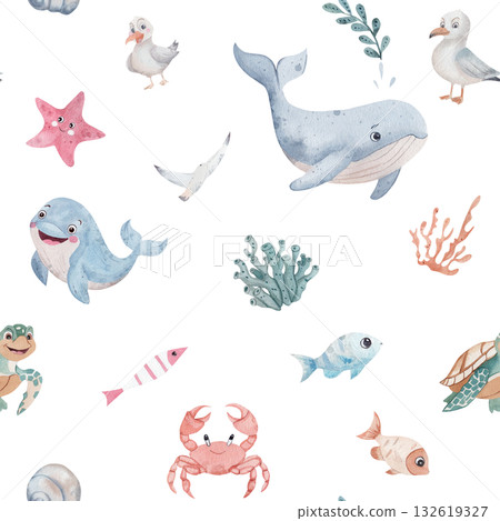 Watercolor seamless pattern with cute sea animals. Whale, crab, turtle, fish, coral, and seagulls. Marine-themed illustration in a children style, isolated on white background. Watercolor seamless pattern with cute sea animals. Whale, crab, turtle, fish, coral, and seagulls. Marine-themed illustration in a children style, isolated on white background. 132619327