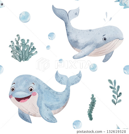 Seamless watercolor pattern with a blue smiling whale, dolphin, fish, seaweed, and air bubbles. Children's style illustration, white background. Marine theme for design, postcards Seamless watercolor pattern with a blue smiling whale, dolphin, fish, seaweed, and air bubbles. Children's style illustration, white background. Marine theme for design, postcards 132619328