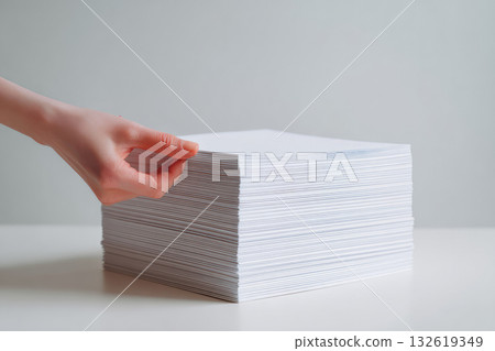Hand arranging stack of white paper office document organization clean workspace business paperwork efficient filing calm atmosphere productivity minimal background 132619349