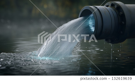 Industrial Pipe Discharging Clear Water into Natural Basin with Ripples and Splash 132619639