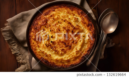 Shepherds Pie with Golden Mashed Potato Topping in Round Baking Dish on Rustic Table 132619664