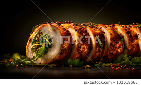 Sliced Stuffed Chicken Breast Roll with Greens and Spice Rub on Dark Surface 132619665