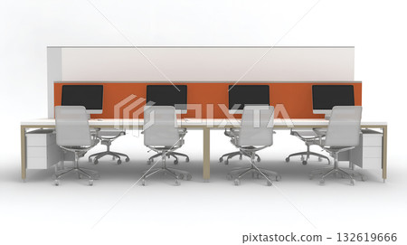 Modern Office Workspace with Eight Desks, White Chairs, and Orange Partition on White Background 132619666