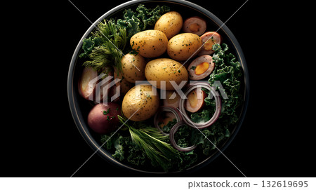 Fresh Vegetable Bowl with Potatoes, Kale, Radishes, Red Onion, and Herbs 132619695