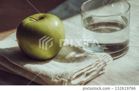 Green apple resting on folded linen napkin beside clear glass of water, natural sunlight, healthy snack, minimalistic style, calm and fresh atmosphere 132619766