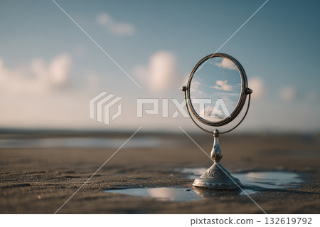 Small round mirror reflecting blue sky and clouds stands on wet sand, creating peaceful and hopeful atmosphere with soft natural light and blurred background Small round mirror reflecting blue sky and clouds stands on wet sand, creating peaceful and hopeful atmosphere with soft natural light and blurred background 132619792
