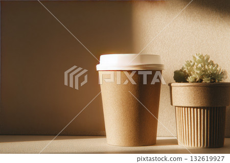 Eco friendly desk setup with recycled paper coffee cup white lid small potted succulent natural sunlight minimalistic warm sustainable workspace morning calm 132619927