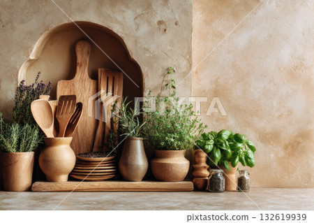 Eco friendly kitchen with wooden utensil ceramic plate herb plant rustic decor natural material sustainable lifestyle cozy atmosphere earthy tone home interior culinary tool Eco friendly kitchen with wooden utensil ceramic plate herb plant rustic decor natural material sustainable lifestyle cozy atmosphere earthy tone home interior culinary tool 132619939