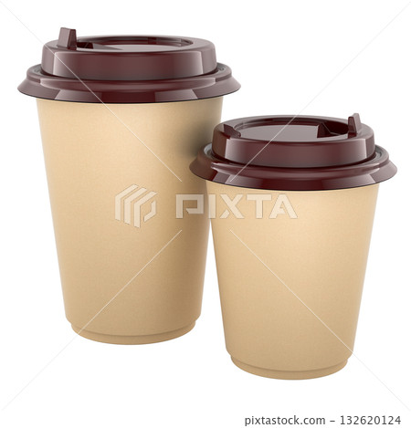 Disposable paper coffee cups with brown plastic lids. 3D rendering 132620124
