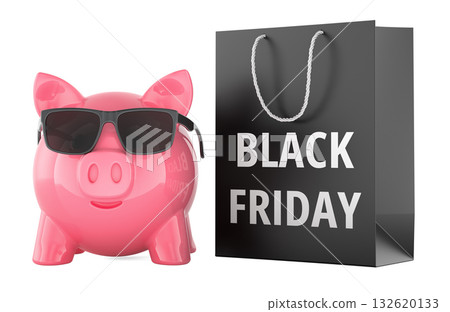 Black Friday concept. Piggy bank with sunglasses and Black Friday shopping bag. 3D rendering 132620133