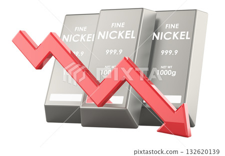 Nickel bars with red downward arrow. 3D rendering Nickel bars with red downward arrow. 3D rendering 132620139