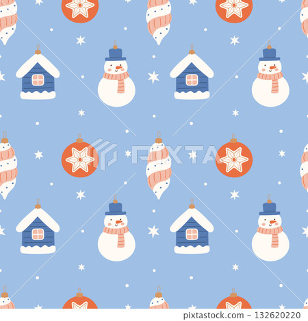 Seamless vintage Christmas pattern with nostalgic holiday ornaments, bells, stars, baubles in warm retro colors. Seamless vintage Christmas pattern with nostalgic holiday ornaments, bells, stars, baubles in warm retro colors. 132620220