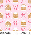 Sweet pastel seamless pattern with gingerbread houses, snow and pink ribbons. 132620221