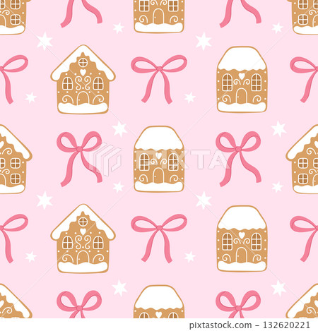 Sweet pastel seamless pattern with gingerbread houses, snow and pink ribbons. Sweet pastel seamless pattern with gingerbread houses, snow and pink ribbons. 132620221