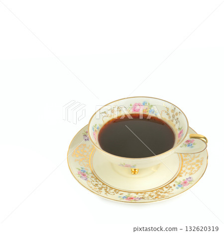 Antique Porcelain Teacup and Saucer with Gold Trim and Floral Design 132620319