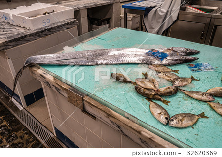 Setubal, Portugal - Feb 28, 2025: Mercado do Livramento in Setubal, Portugal. Fresh fish and food market Setubal, Portugal - Feb 28, 2025: Mercado do Livramento in Setubal, Portugal. Fresh fish and food market 132620369