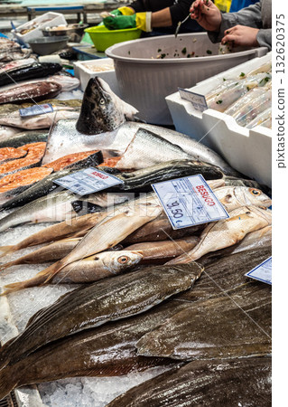 Setubal, Portugal - Feb 28, 2025: Mercado do Livramento in Setubal, Portugal. Fresh fish and food market Setubal, Portugal - Feb 28, 2025: Mercado do Livramento in Setubal, Portugal. Fresh fish and food market 132620375