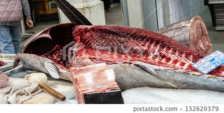 Setubal, Portugal - Feb 28, 2025: Mercado do Livramento in Setubal, Portugal. Fresh fish and food market Setubal, Portugal - Feb 28, 2025: Mercado do Livramento in Setubal, Portugal. Fresh fish and food market 132620379