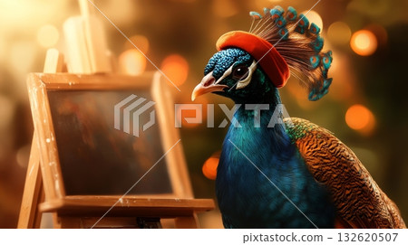 A peacock wearing a hat stands beside an easel, embodying creativity and artistic flair in a warm setting A peacock wearing a hat stands beside an easel, embodying creativity and artistic flair in a warm setting 132620507