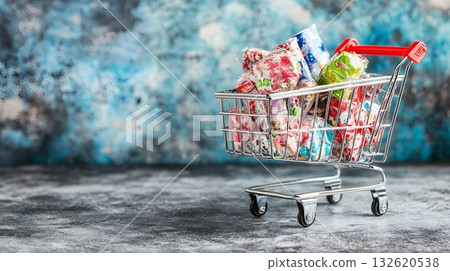 Miniature shopping cart filled with colorful candy wrappers on a textured blue background, representing consumerism and impulse buying in the confectionery industry 132620538