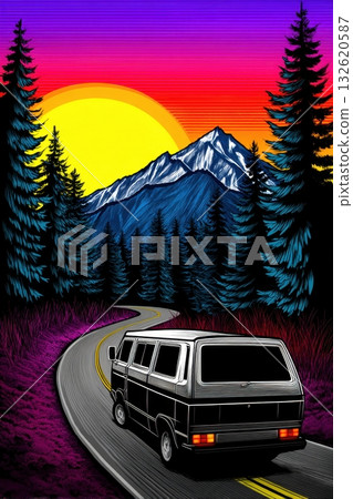 A vintage van travels a winding road through a...-插圖素材 [132620587 ...