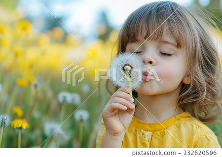 Young girl with eyes closed blowing on a dandelion seed head in a field of yellow flowers, capturing a moment of childhood wonder and innocence 132620596