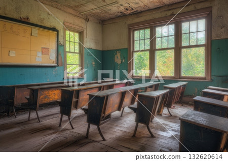 Dilapidated interior of an old abandoned classroom with worn wooden desks, peeling paint, and bright windows showcasing nature outside 132620614
