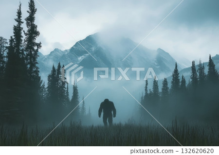 Silhouette of a Bigfoot-like creature standing in a foggy forest with towering pine trees and misty mountains in the background 132620620