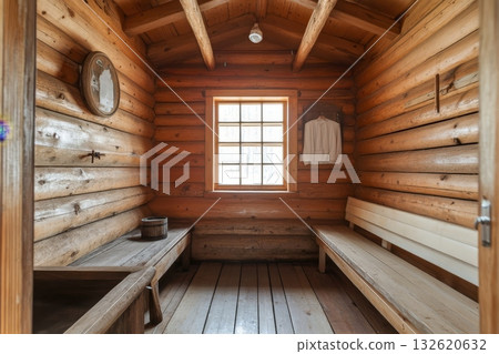 Rustic interior of a wooden sauna with log walls, bench seating, and a single window, showcasing traditional Nordic relaxation space 132620632