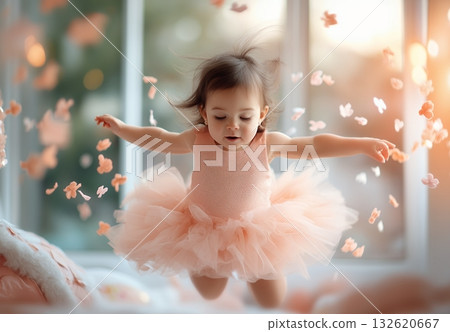 A cute toddler girl in a peach tulle tutu joyfully leaps amidst falling flower petals, capturing a moment of childlike wonder A cute toddler girl in a peach tulle tutu joyfully leaps amidst falling flower petals, capturing a moment of childlike wonder 132620667