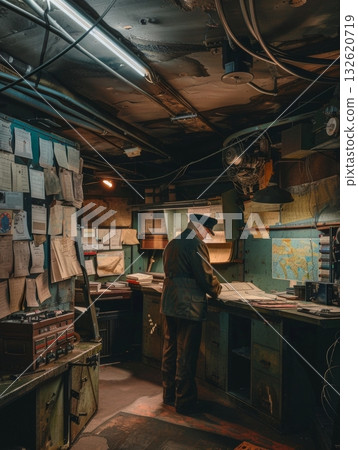 An aged submarine commander leans over charts and documents, strategizing the next move in the confines of the command center. 132620719