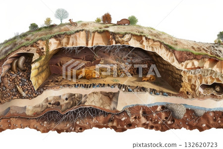 Gopher burrow system unveiled. Tunnels, chambers, and habitat revealed. A glimpse into its subterranean world 132620723
