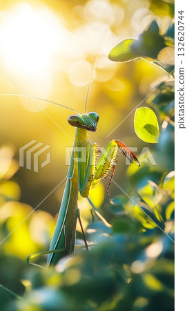 Elegant praying mantis perched among sunlit green leaves, its body illuminated by golden light, creating a serene and ethereal natural scene 132620744