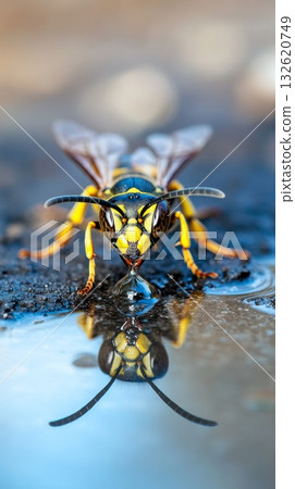 Close up of a yellow and black wasp drinking water from a reflective surface, showcasing its intricate features and creating a mirror image 132620749