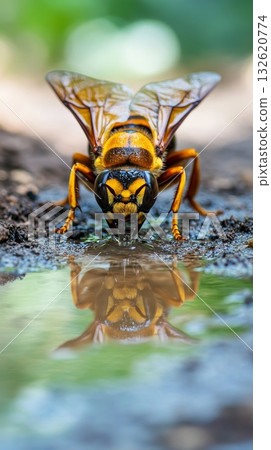 Extreme close up of a hornet drinking water from a puddle, with its detailed face and body reflected in the water surface, showcasing nature's intricate design Extreme close up of a hornet drinking water from a puddle, with its detailed face and body reflected in the water surface, showcasing nature's intricate design 132620774
