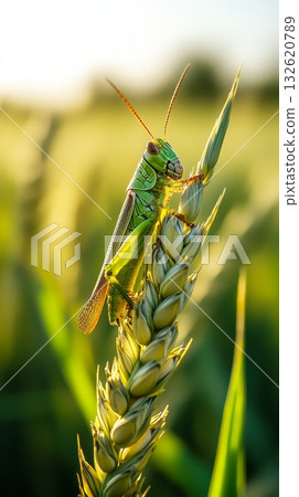 Close up of a vibrant green grasshopper perched on a golden wheat ear at sunset, highlighting nature's harmony in agricultural landscapes 132620789