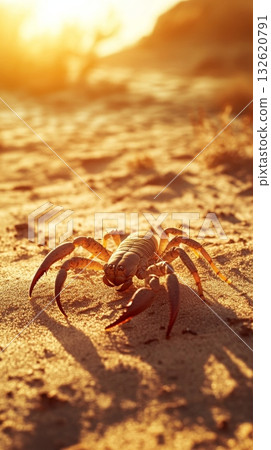Close up of a camel spider on sun drenched desert sand, its shadow cast dramatically as it navigates the harsh arid environment at sunset 132620791