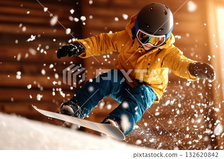 Young snowboarder in yellow jacket performs a trick, snow flying around him 132620842