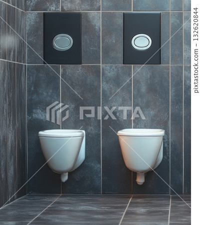 Modern public restroom with two wall-hung urinals and flush buttons Modern public restroom with two wall-hung urinals and flush buttons 132620844
