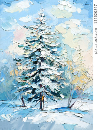 Winter Snowy Pine Tree Oil Painting, Textured Impasto Landscape with Blue Sky and White Snow 132620867
