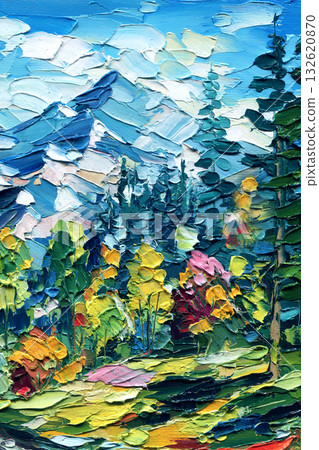 Colorful Mountain Forest, Impasto Oil Painting on canvas with Bright Trees and Blue Sky, Wall art decor, poster Colorful Mountain Forest, Impasto Oil Painting on canvas with Bright Trees and Blue Sky, Wall art decor, poster 132620870