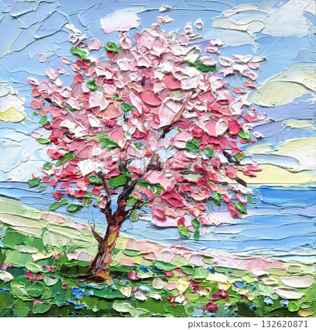 Spring Blossom Tree, Textured Impasto Oil Painting on canvas with Pink Flowers and Blue Sky, poster Spring Blossom Tree, Textured Impasto Oil Painting on canvas with Pink Flowers and Blue Sky, poster 132620871
