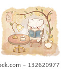水彩插畫：一隻貓在咖啡館裡看書（柔和的淡色調，留有文字空間） 132620977