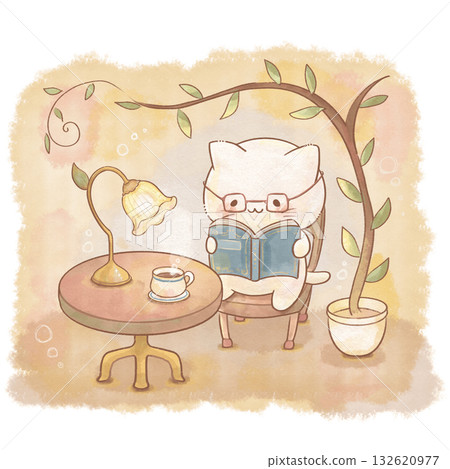 Watercolor illustration of a cat reading in a cafe (gentle muted color, copy space available) 132620977