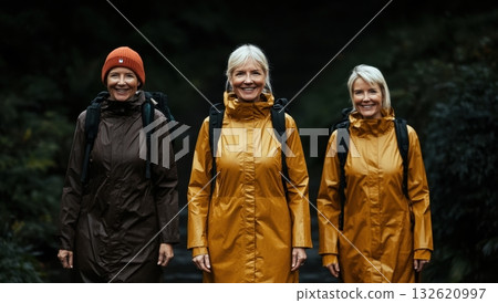 Three mature women hikers smile confidently while wearing raincoats and backpacks outdoors, enjoying a nature trek 132620997